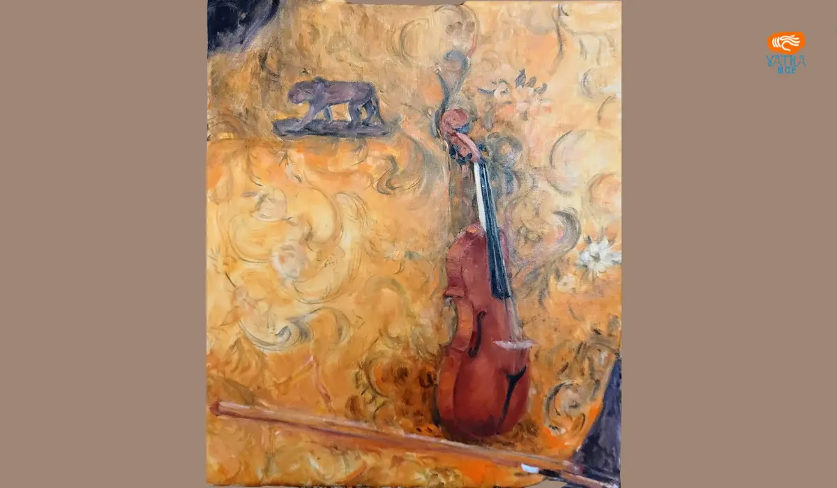 Compoziție cu vioară și figurină din lemn nobil – Carmen Văideanu-Cătrinescu`
