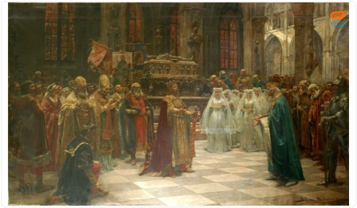 Regele Sigismund primindu-l pe regele Poloniei Vladislav Jagello la Catedrala din Oradea