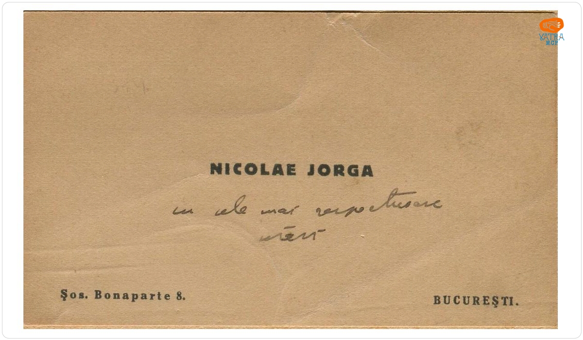 Carte de vizită Nicolae Iorga către Patriarhul Miron Cristea