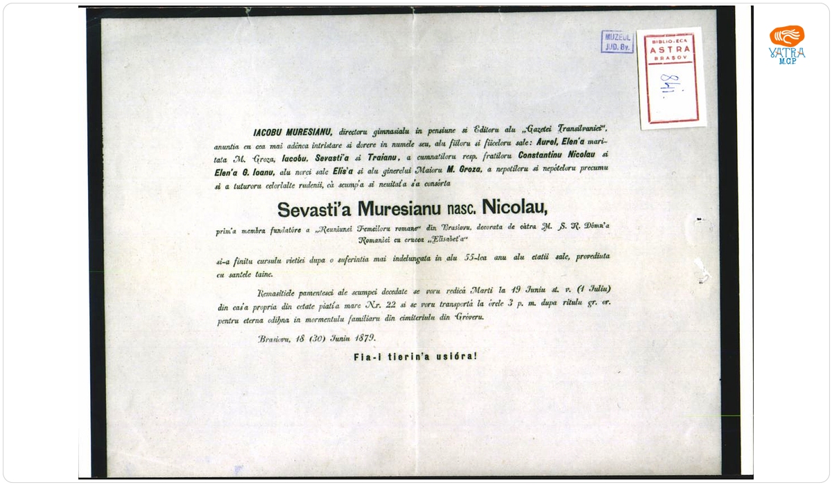 Necrologul Sevastiei Mureșianu