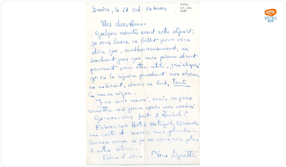 Dinu Lipatti — Dinu Lipatti către Lory și Ernst Wallfisch (27 octombrie)