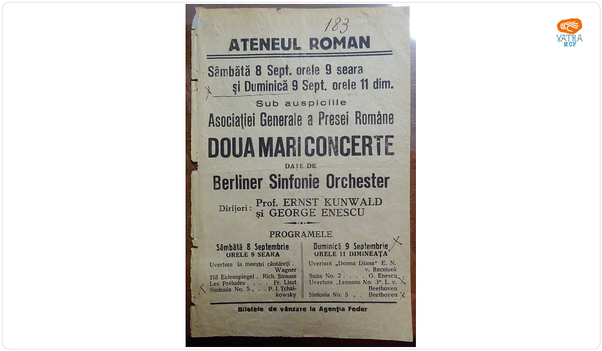Afișul și programul de sală pentru două concerte organizate la Ateneul Român, 8 - 9 septembrie 1928