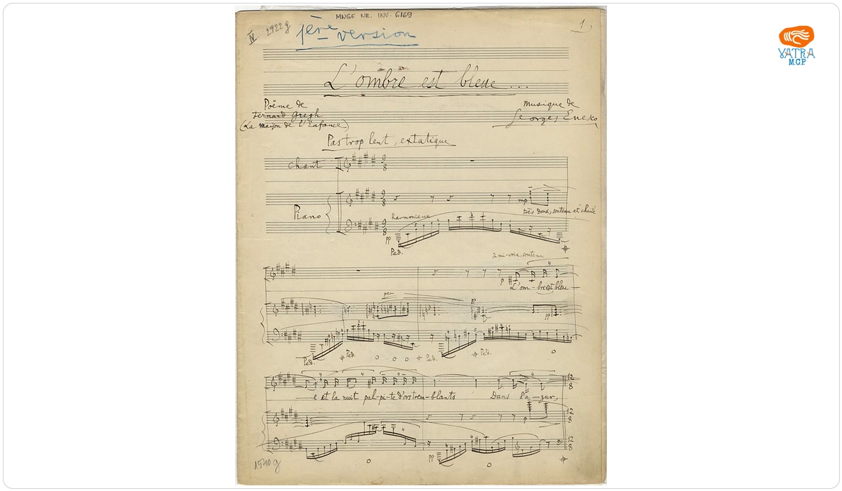 „L'ombre est bleue...”, „1-ère version”, lied pentru voce și pian pe versuri de Fernand Gregh