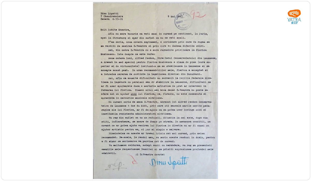 Dinu Lipatti — Scrisoare adresată de către Dinu Lipatti lui George Enescu, Geneva, 9 mai 1947