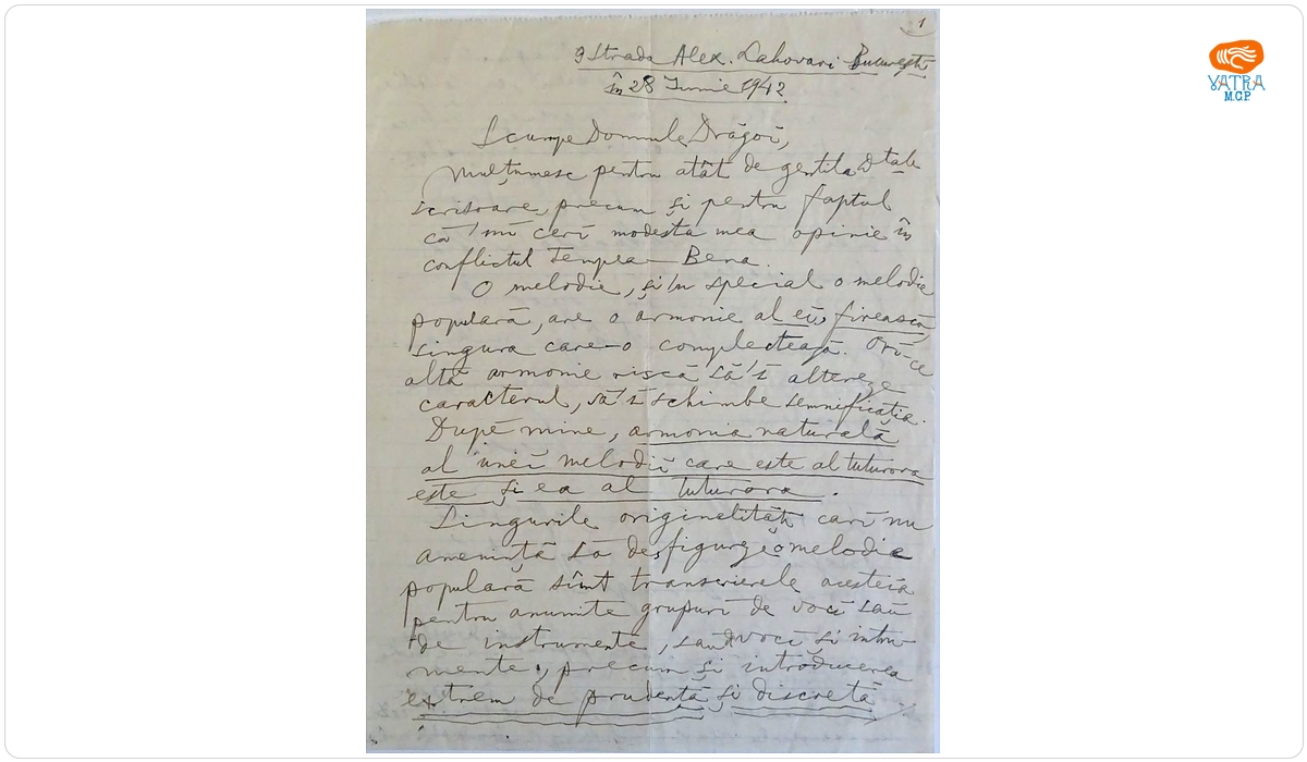 Scrisoare adresată de către George Enescu lui Sabin Drăgoi, București, 28 iunie 1942