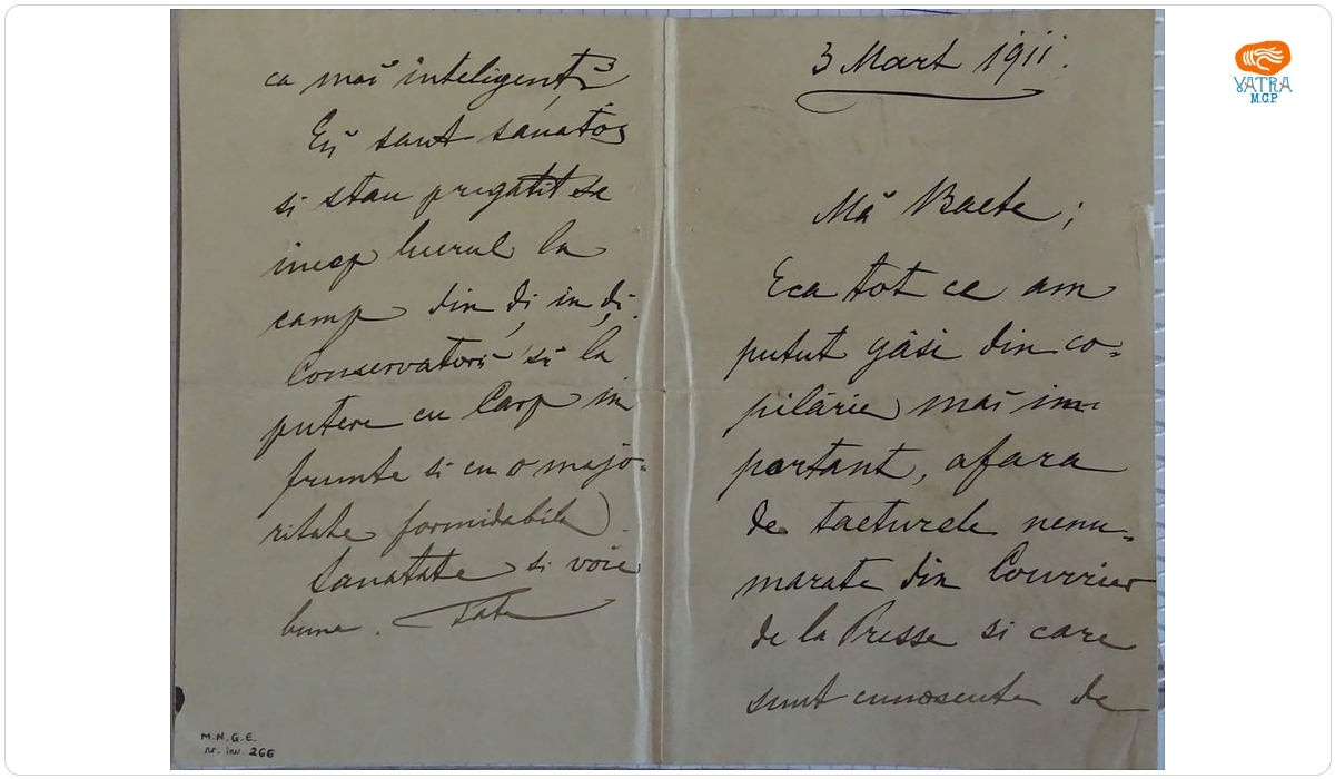 Scrisoare adresată de către Costache Enescu lui George Enescu, Dorohoi, 3 martie 1911