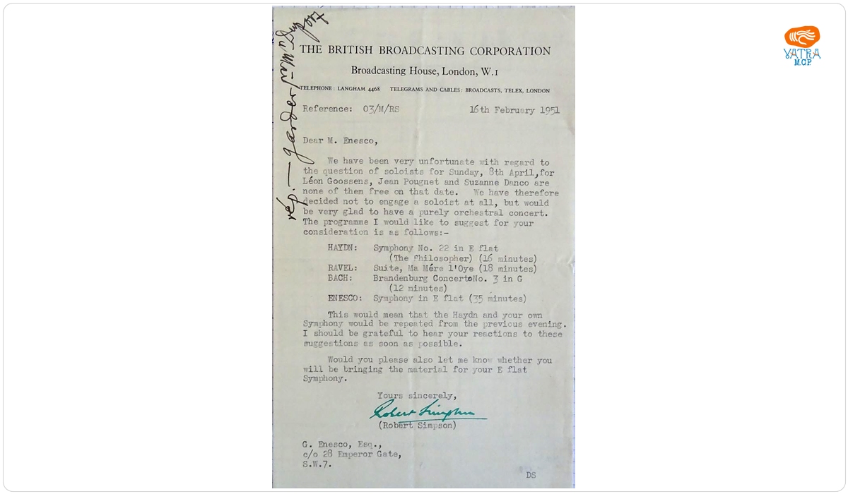 Scrisoare adresată de către Robert Simpson de la BBC (British Broadcasting Corporation) lui George Enescu, Londra, 16 februarie 1951