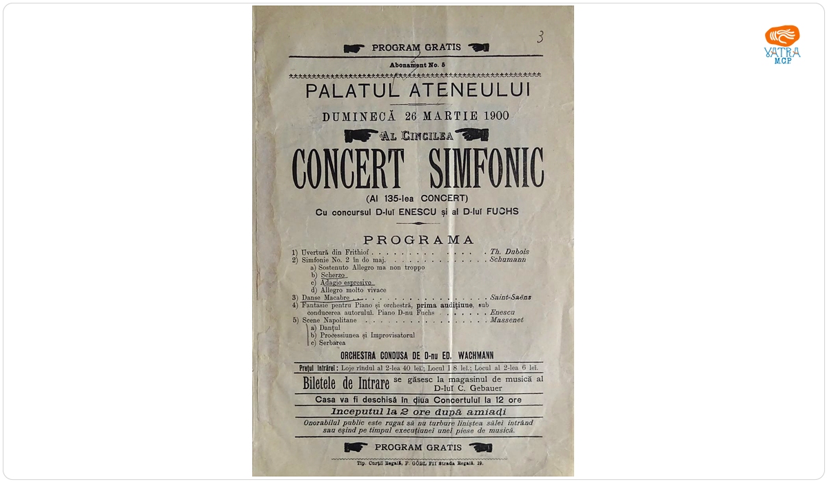 Programul de sală al concertului simfonic organizat la Palatul Ateneului, București, 26 martie 1900