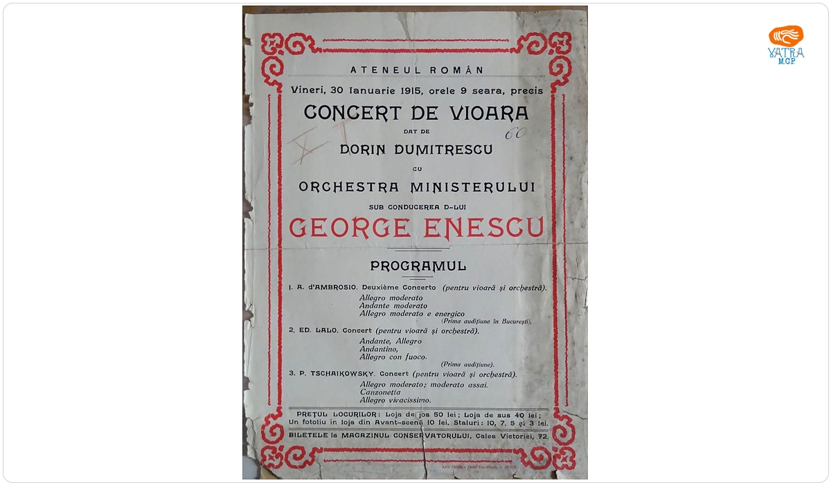 tipografia Arte Grafice Göbl — Afiș al concertului organizat la Ateneul Român, București, 30 ianuarie 1915