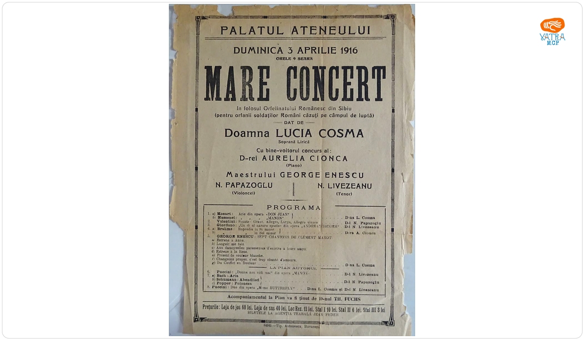 Afiș al concertului organizat la Palatul Ateneului, București, 3 aprilie 1916