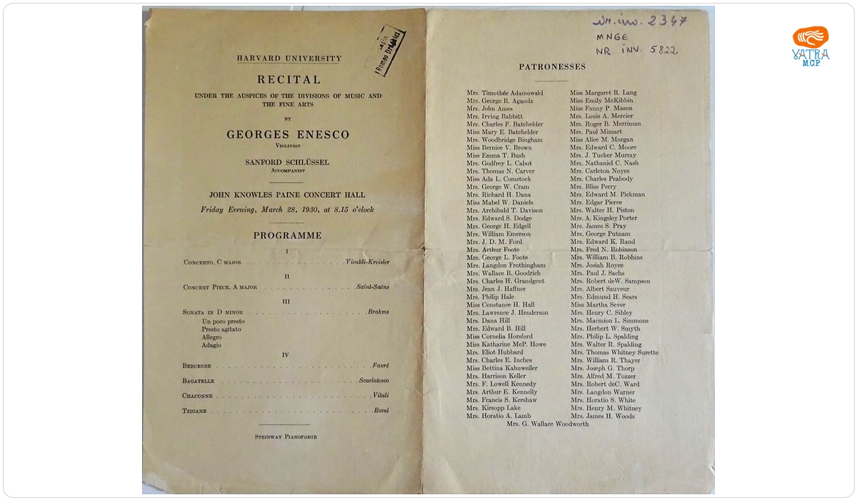 Afiș al recitalului susținut de George Enescu și pianistul Sandford Schlüssel la John Knowles Paine Concert Hall, Universitatea Harvard, Cambridge, Massachusetts, 28 martie 1930