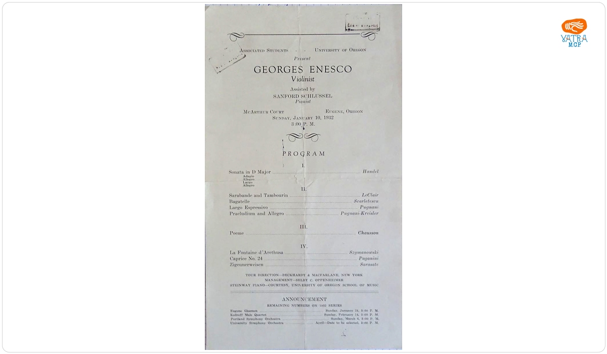 Afiș al recitalului susținut de George Enescu și Sandford Schlüssel la McArthur Court