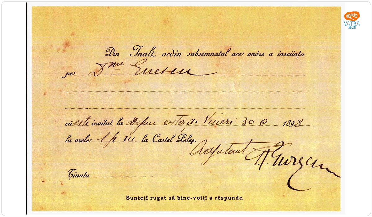Adjutant regal — Invitație adresată compozitorului George Enescu pentru a participa la un dejun la Castelul Peleș, Sinaia, 1898