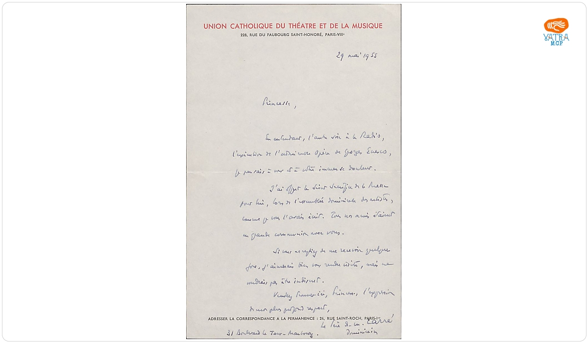 Scrisoare trimisă prințesei Maria Cantacuzino-Enescu de către preotul dominican Carré