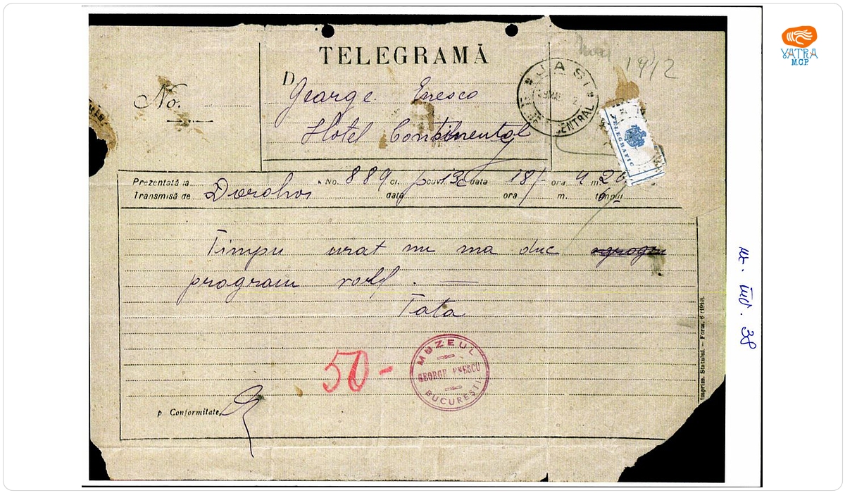 Telegramă trimisă de Costache Enescu fiului său George Enescu