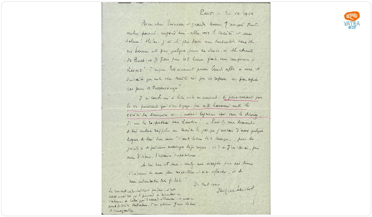 Scrisoare trimisă Mariei Cantacuzino-Enescu de către muzicologul francez Jacques Feschotte