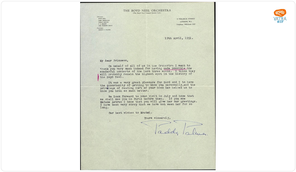 Scrisoare trimisă Mariei Cantacuzino-Enescu de către Violet F. Palmer (Paddy Palmer), secretară a Societății „The Boyd Neel Concert‟
