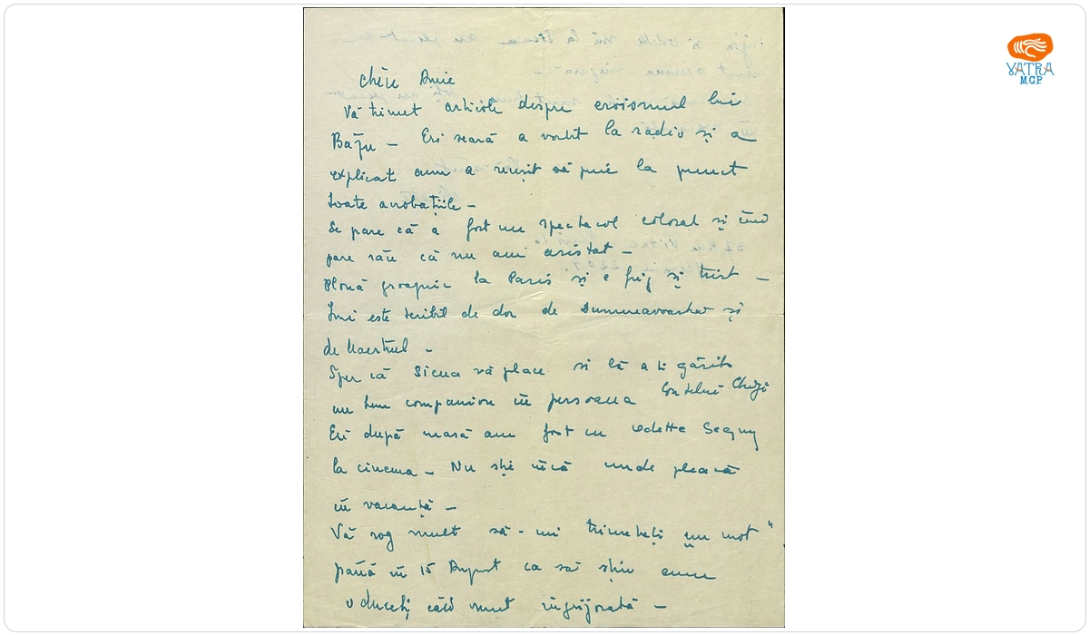 Scrisoare trimisă Mariei Cantacuzino-Enescu de către Ninette Shapira (?)