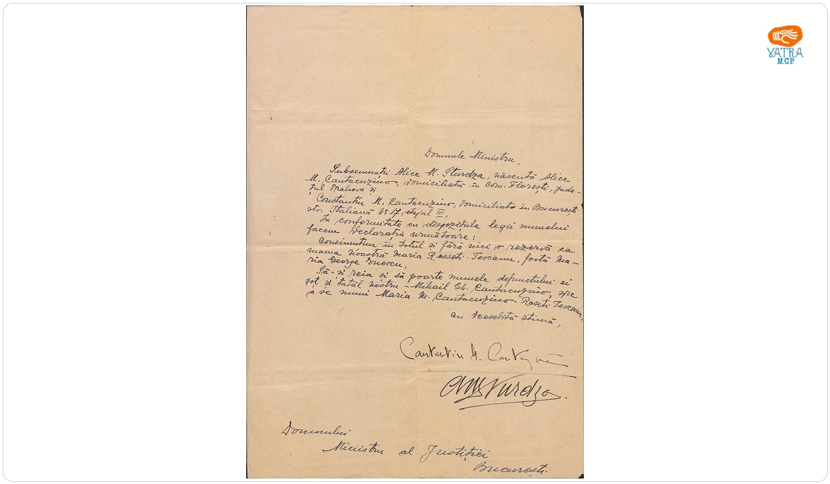 Scrisoare adresată Ministrului Justiției de către Constantin M. Cantacuzino și Alice M. Sturdza