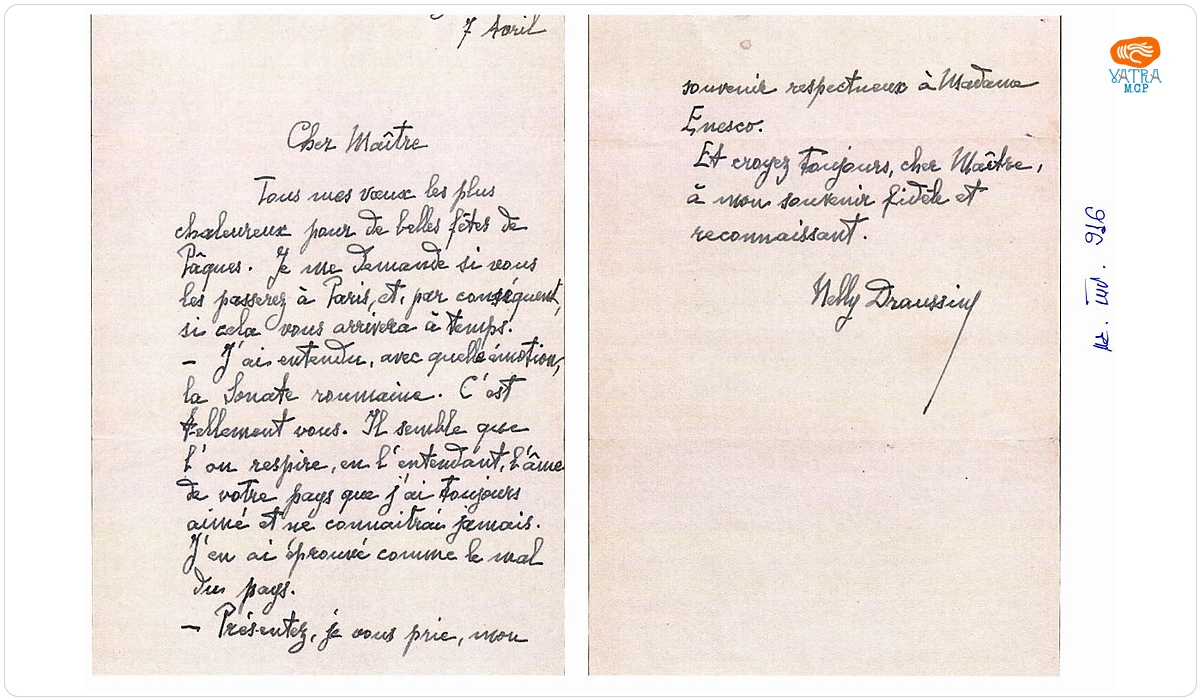 Scrisoare trimisă de Nelly Draussin lui George Enescu