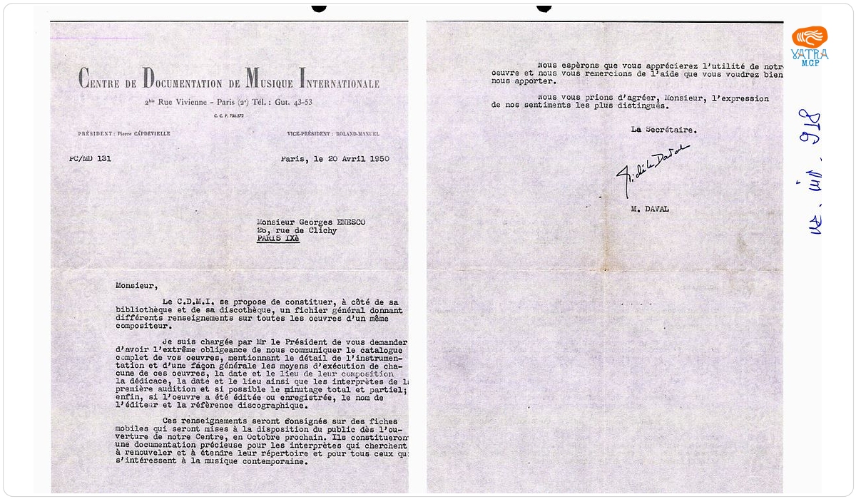 Scrisoare trimisă de Michele Daval secretară a „Centre de Documentation de Musique Internationale” din Paris lui George Enescu