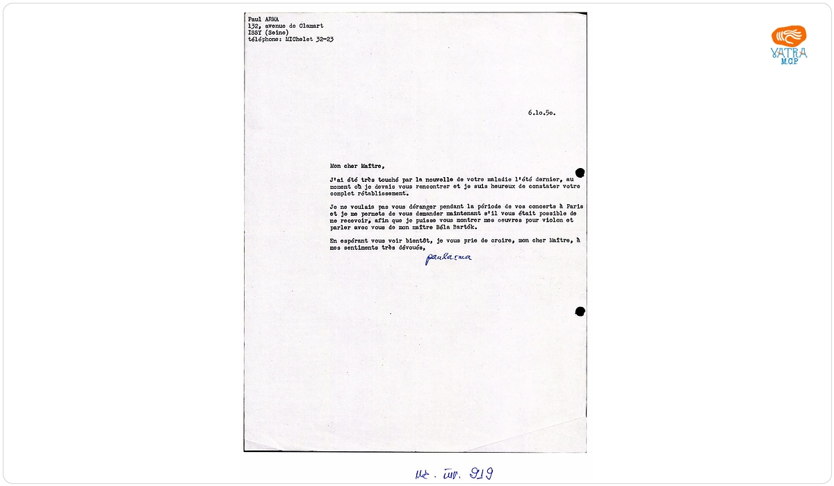 Paul Arma — Scrisoare trimisă de Paul Arma lui George Enescu