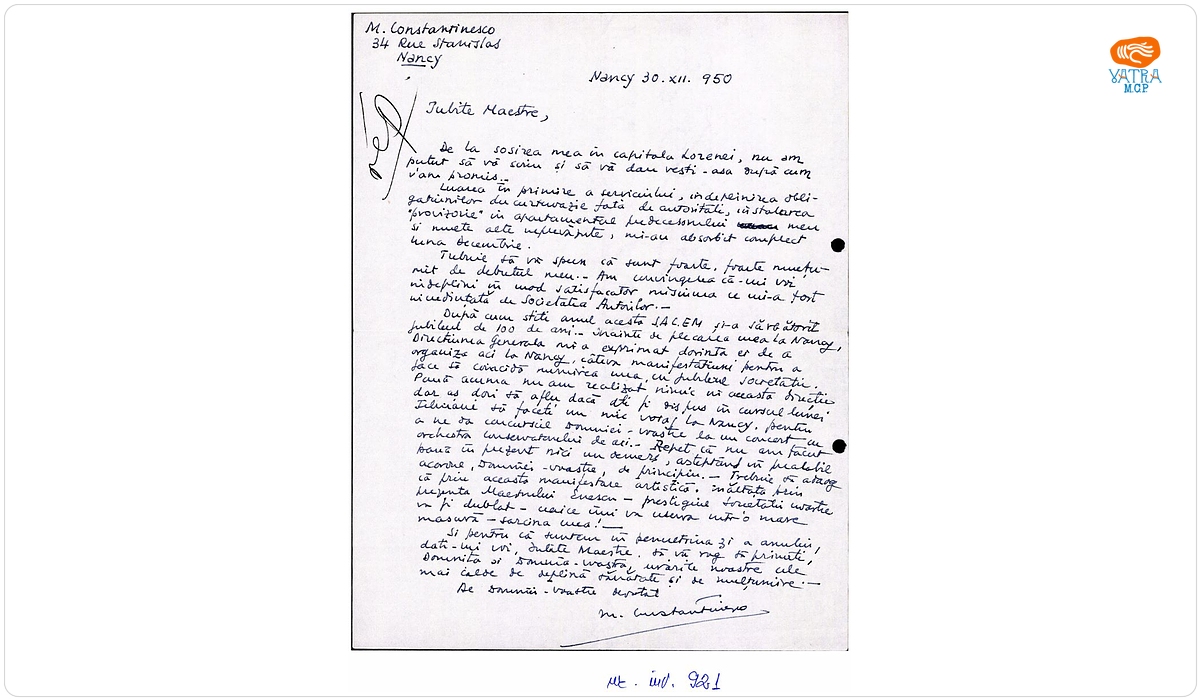 Mihai Constantinescu — Scrisoare trimisă de Mihai Constantinescu lui George Enescu