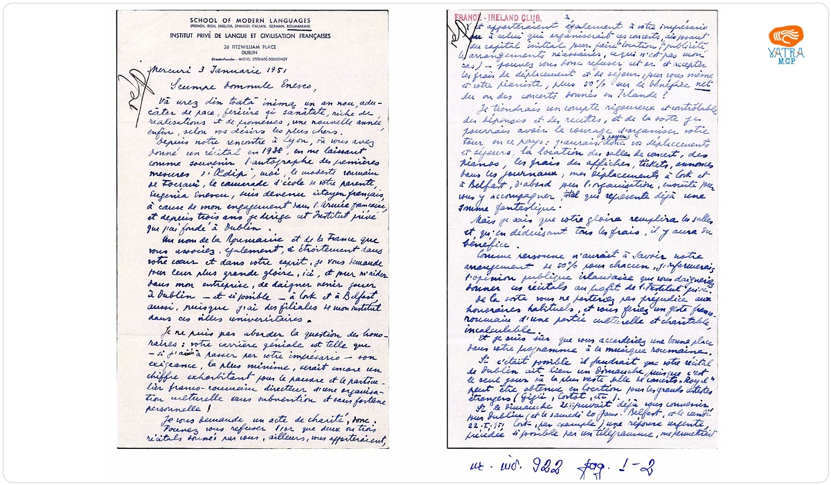 Mihail Steriade — Scrisoare trimisă de Mihail Steriade (Boissenot) lui George Enescu