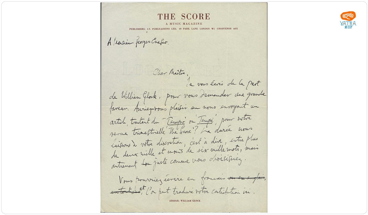 Scrisoare adresată lui George Enescu de către subredactorul publicației londoneze „The Score. A Music Magazine‟