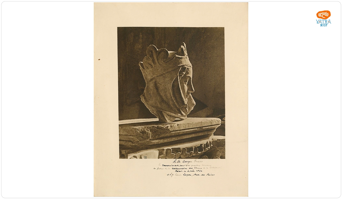 Fotografie sculptură, cuprinde și o dedicație din partea arhiepiscopului din Reims, Franța, pentru George Enescu