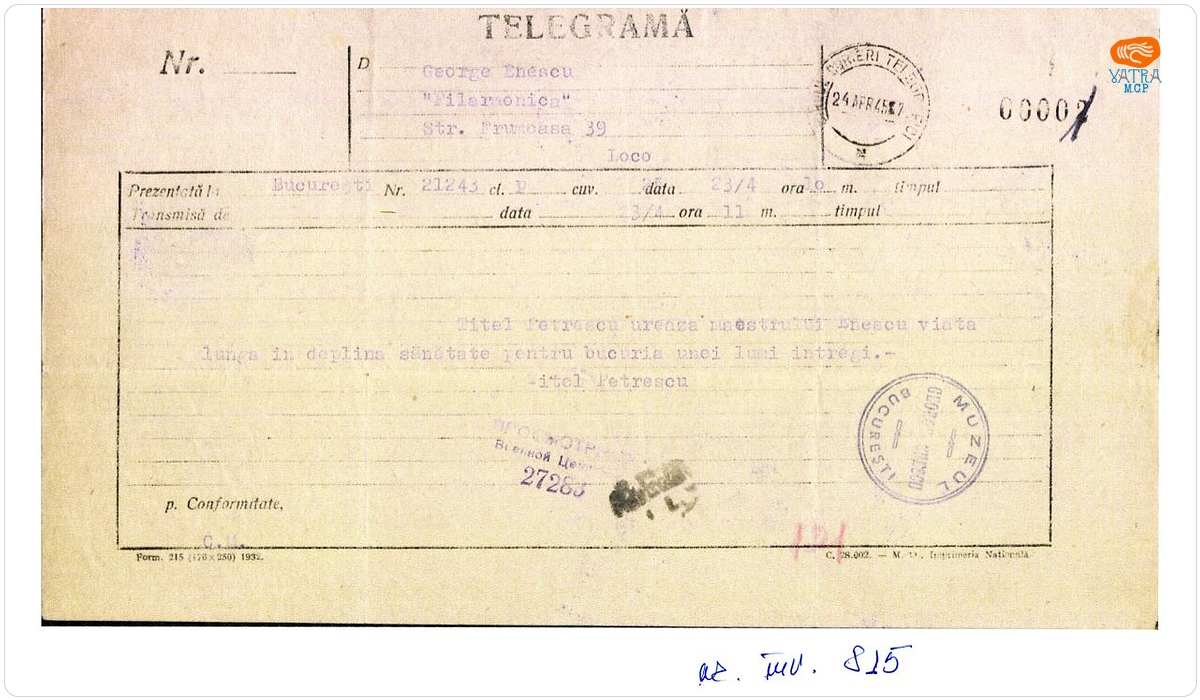 Telegramă trimisă de Constantin Titel Petrescu lui George Enescu