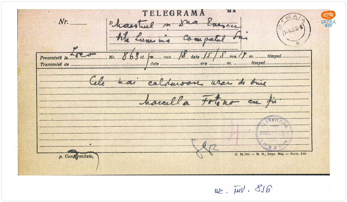 Telegramă trimisă de Marcella Fotino lui George Enescu