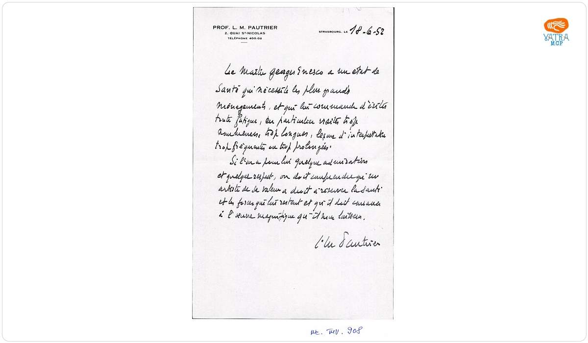 L.M. Pautrier — Certificat medical emis de Profesor doctor L.M. Pautrier privind starea de sănătate a lui George Enescu
