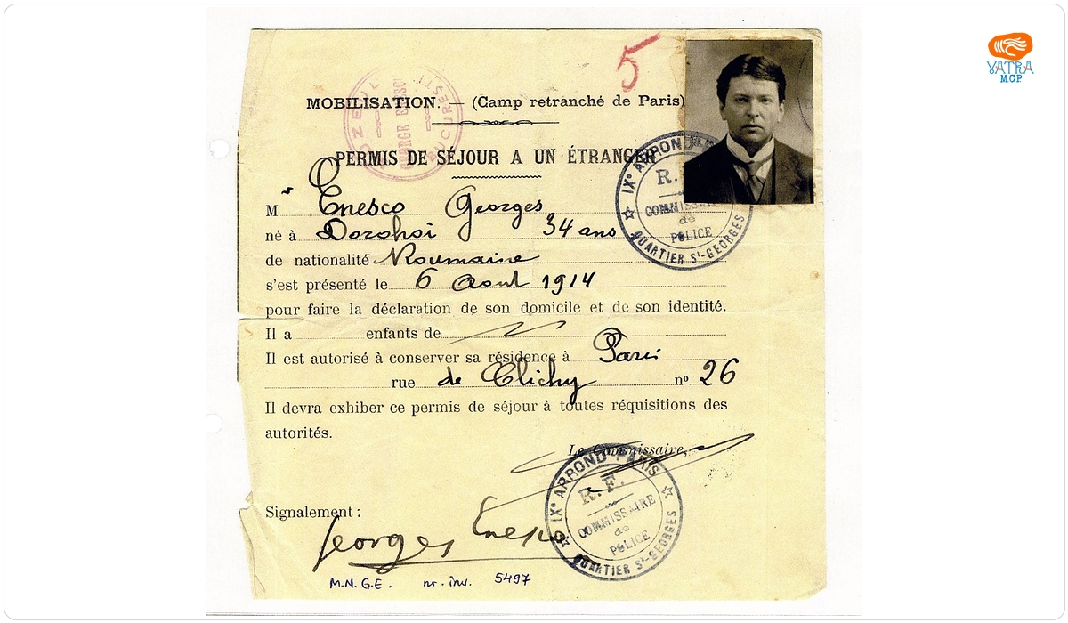 Permis de ședere (rezidență) în Paris aparținând lui George Enescu