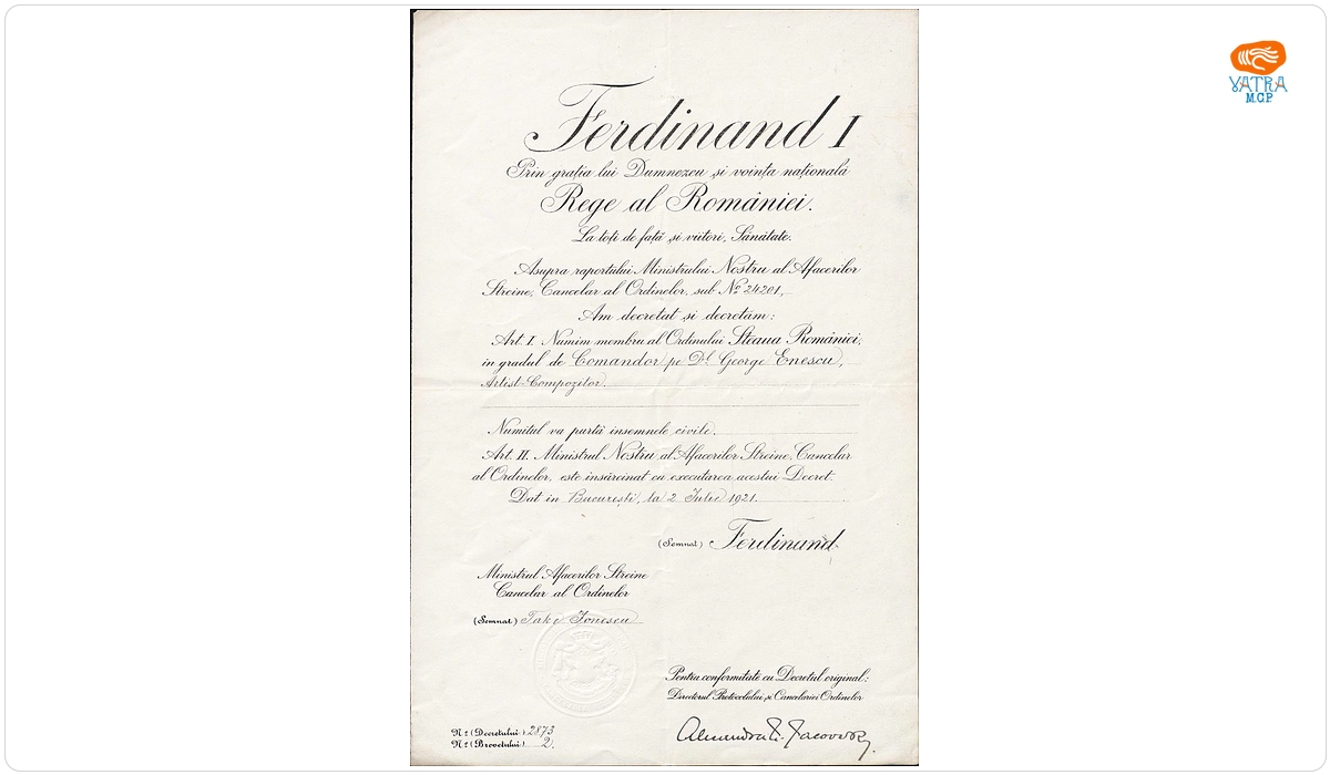 Brevet semnat de regele Ferdinand de numire a maestrului George Enescu ca membru al Ordinului „Steaua României” în grad de Comandor