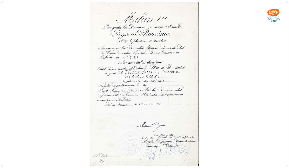 Brevet semnat de regele Mihai de numire a maestrului George Enescu ca membru al Ordinului „Steaua României” în grad de Mare Cruce