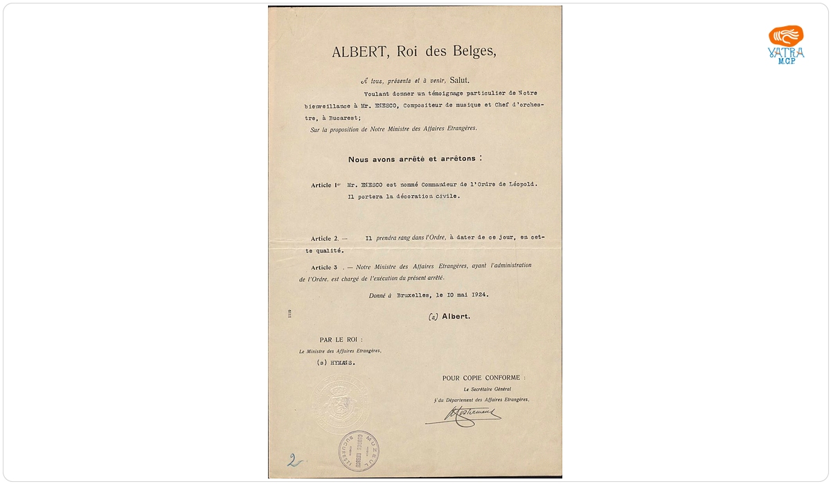 Brevet prin care Albert regele Belgiei îl numește pe maestrul George Enescu membru al Ordinului „Leopold” în grad de Comandor