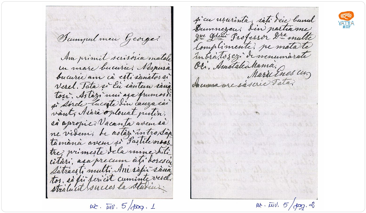 Costache Maria Enescu — Scrisoare de adresată de Maria și Costache Enescu fiului lor George Enescu