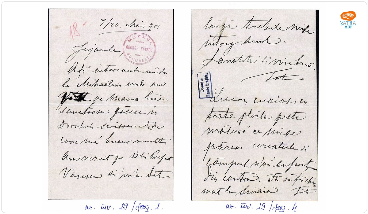 Scrisoare de trimisă de Costache Enescu fiului său George Enescu, aflat la Paris
