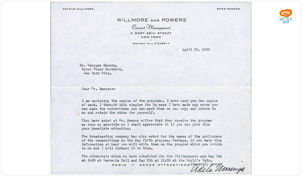 Scrisoare adresată compozitorului George Enescu de către Adele Münniger, din partea Societății „Willmore and Powers‟, New York, 25 aprilie 1939