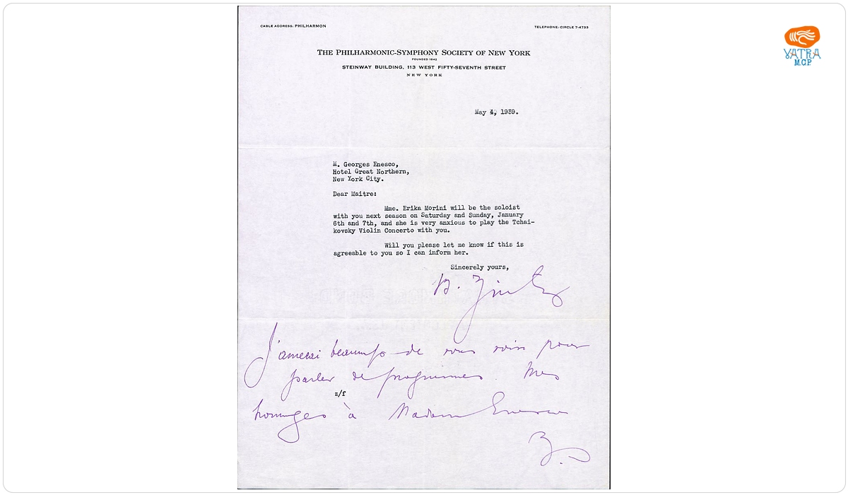 Adresă oficială trimisă compozitorului George Enescu de către „Societatea Filarmonic-Simfonică din New York‟, New York, 4 mai 1939