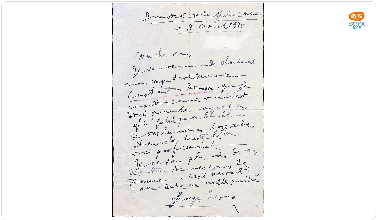 Scrisoare adresată de către compozitorul George Enescu unui muzician ilustru din Franța (destinatar necunoscut), București, 14 aprilie 1945