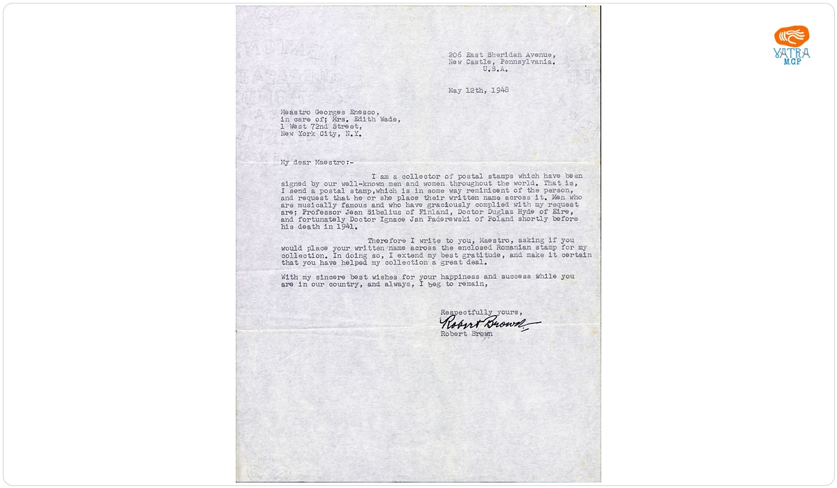 Scrisoare adresată compozitorului George Enescu de către colecționarul de timbre Robert Brown, Newcastle, 12 mai 1948