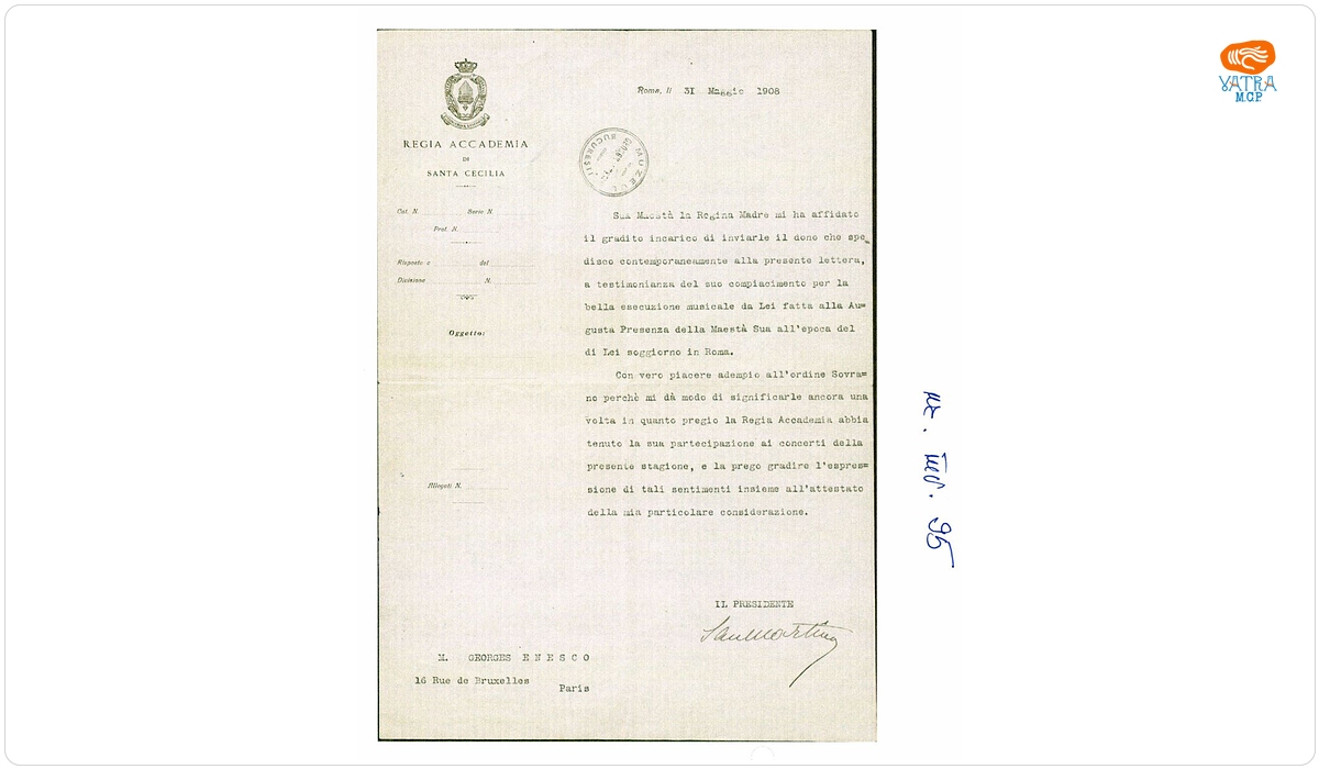 Scrisoare de felicitare trimisă de Enrico di San Martino lui George Enescu