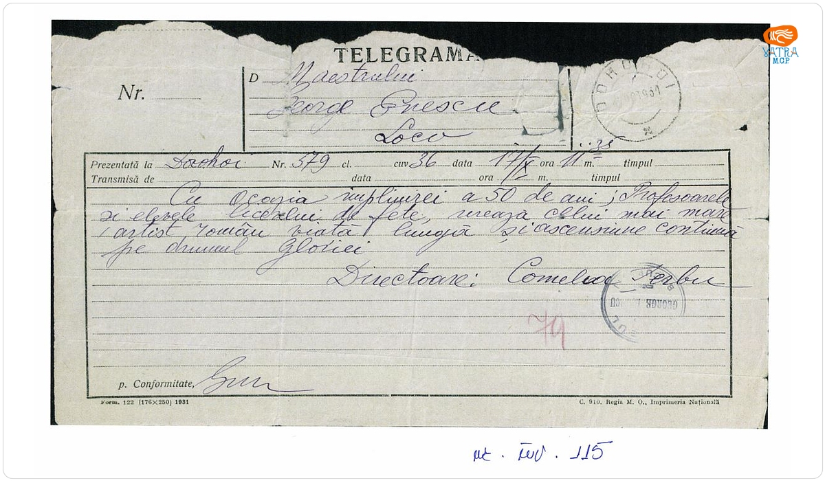 Telegramă de felicitare trimisă maestrului George Enescu de Camelia Șerbu, directoarea Liceului de Fete din Dorohoi