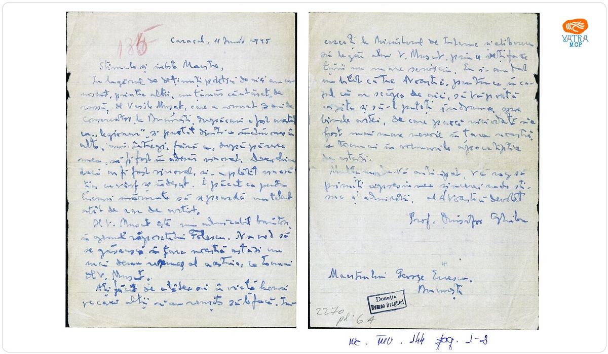 Scrisoare trimisă de Onisifor Ghibu din lagărul de la Caracal către George Enescu