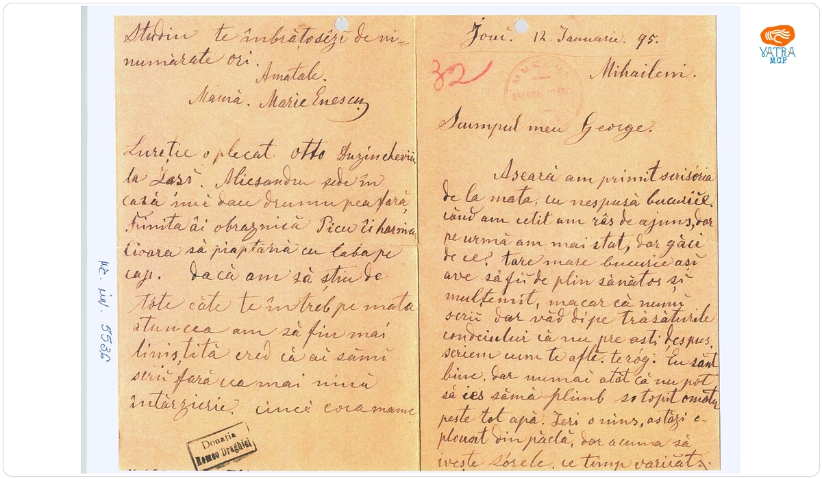 Corespondență între mama lui George Enescu și fiul ei aflat la studii