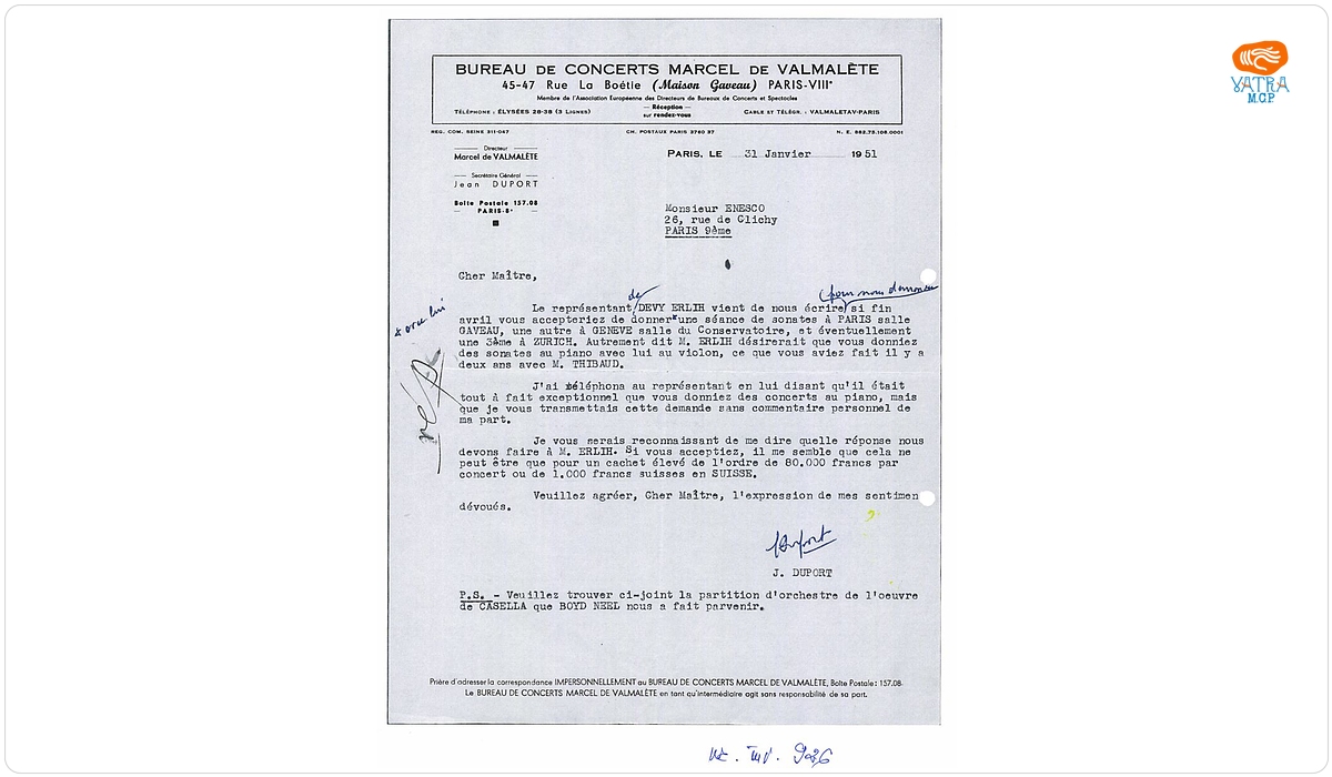 Scrisoare trimisă de Jean Duport lui George Enescu