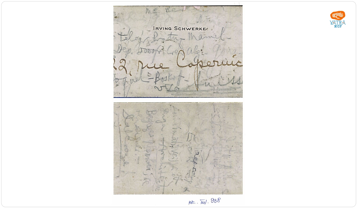 Carte de vizită aparținând lui Irving Schwerke cu însemnări făcute de George Enescu
