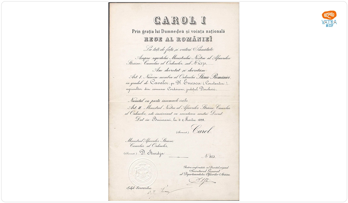 Brevet semnat de regele Carol I de numire a lui Constantin Enescu ca membru al Ordinului „Steaua României” în grad de Cavaler